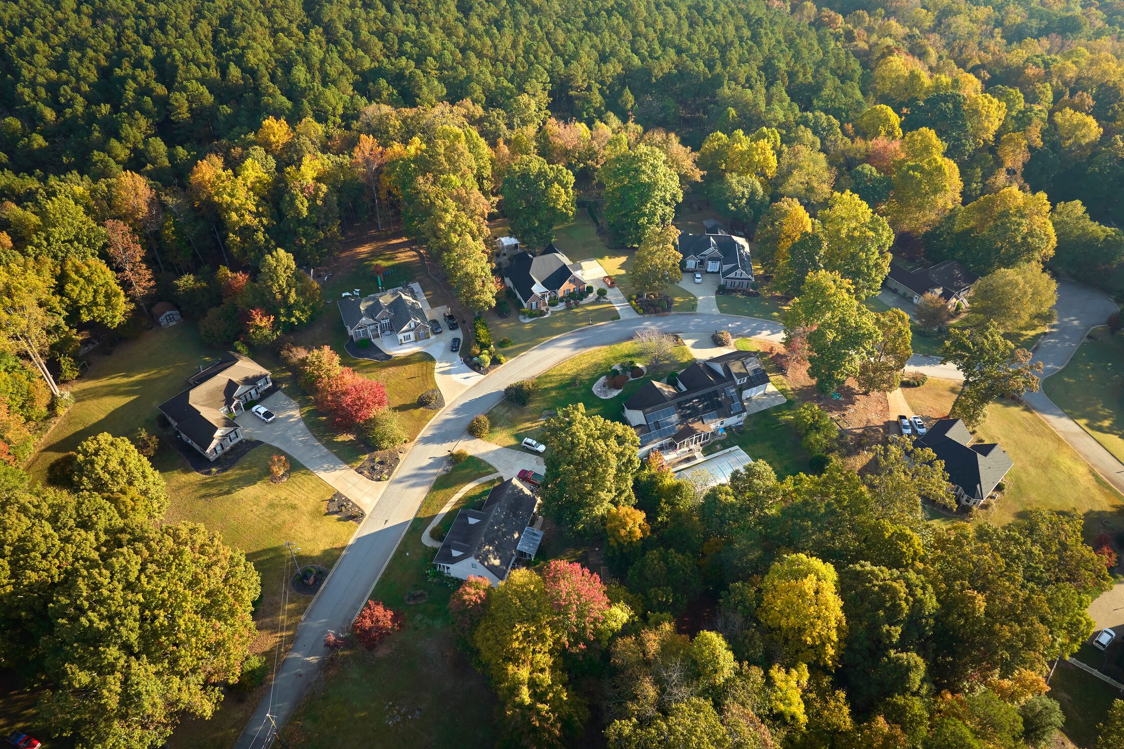 Aerial drone view of a residential neighborhood in the Carolinas