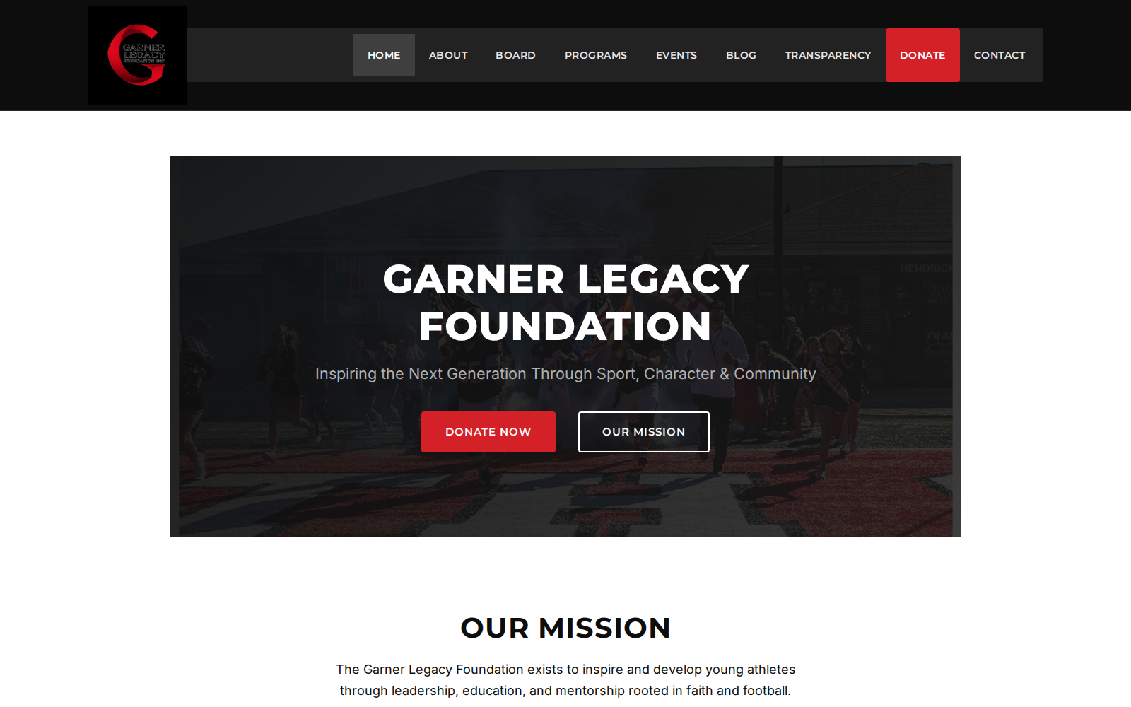 Screenshot of garnerlegacyfoundation.org home page.